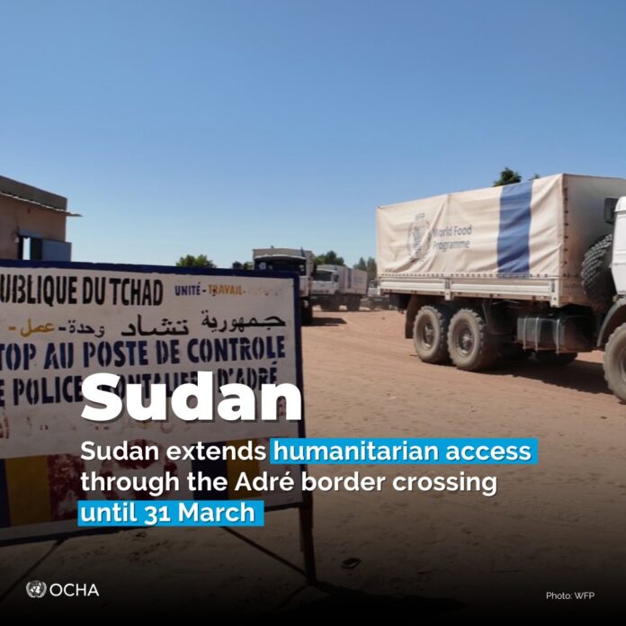 أوتشا ترحب بتمديد الوصول الإنساني عبر معبر أدري حتى نهاية مارس وتثمّن دعماً دولياً للاجئين في السودان